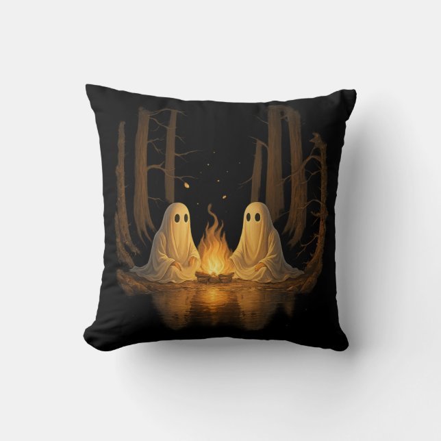 Spooky Ghost Campfire Night Forest Art - Halloween Cushion (Front)