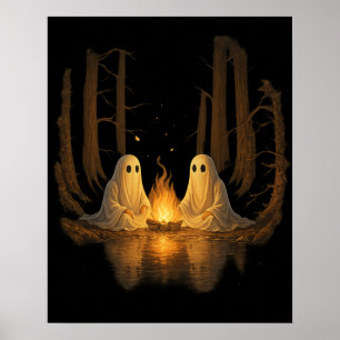 Spooky Ghost Campfire Night Forest Art - Halloween Poster