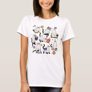 Spooky Ghost Cat Reading Books T-shirt