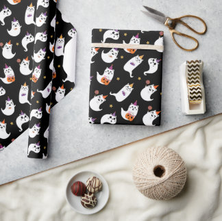 Spooky Ghost Cat Trick or Treating Wrapping Paper