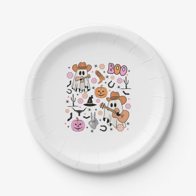 Spooky Ghost Cowboy Cute Halloween Boo Western Ret Paper Plate (Front)