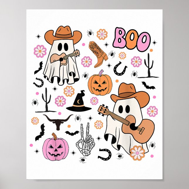 Spooky Ghost Cowboy Cute Halloween Boo Western Ret Poster (Front)