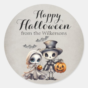 Spooky Ghost Doll and Skeleton Halloween Classic Round Sticker