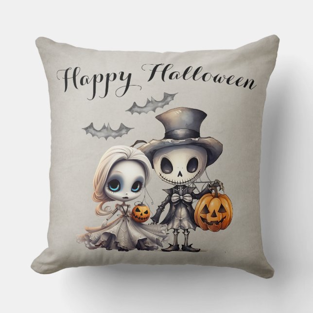 Spooky Ghost Doll and Skeleton Halloween Cushion (Front)