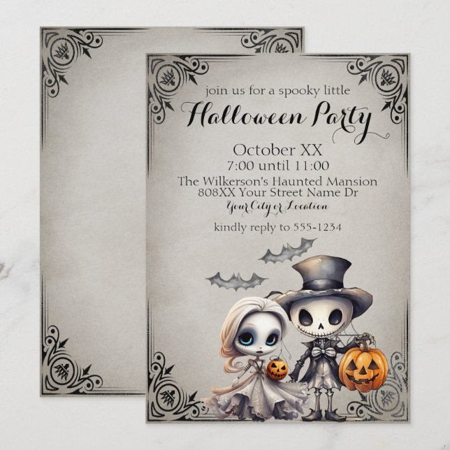 Spooky Ghost Doll and Skeleton Halloween Party Invitation (Front/Back)