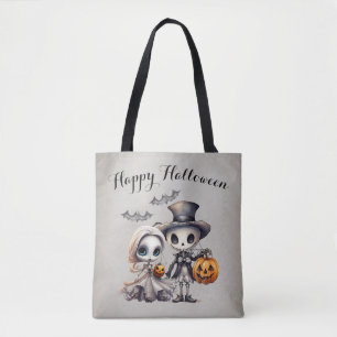 Spooky Ghost Doll and Skeleton Halloween Tote Bag