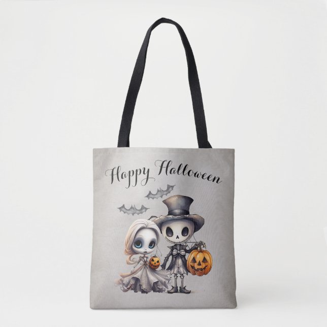 Spooky Ghost Doll and Skeleton Halloween Tote Bag (Front)