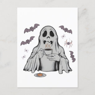 Spooky Ghost Drinking Coffee Caffeine Halloween  Announcement Postcard