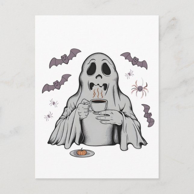 Spooky Ghost Drinking Coffee Caffeine Halloween  Announcement Postcard (Front)
