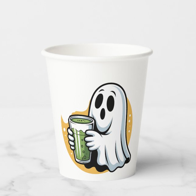 Spooky Ghost Drinking Matcha Halloween  Paper Cups (Front)