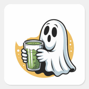 Spooky Ghost Drinking Matcha Halloween  Square Sticker