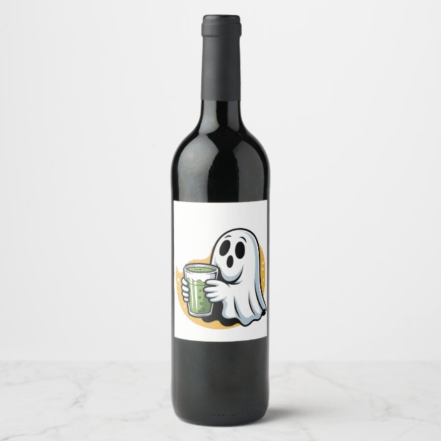 Spooky Ghost Drinking Matcha Halloween  Wine Label (Front)