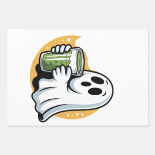Spooky Ghost Drinking Matcha Halloween Wrapping Paper Sheet