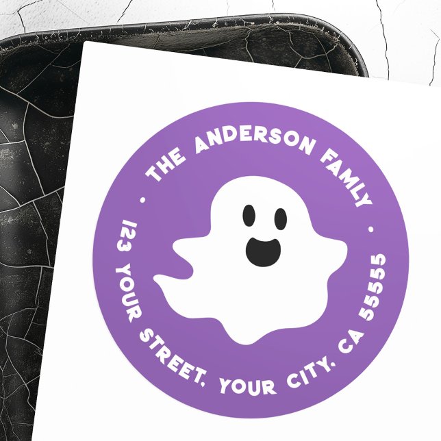 Spooky ghost Halloween purple return address Classic Round Sticker (Spooky ghost Halloween purple return address Classic Round Sticker)