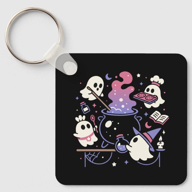 Spooky Ghost Halloween Witch Cauldron Key Ring (Front)