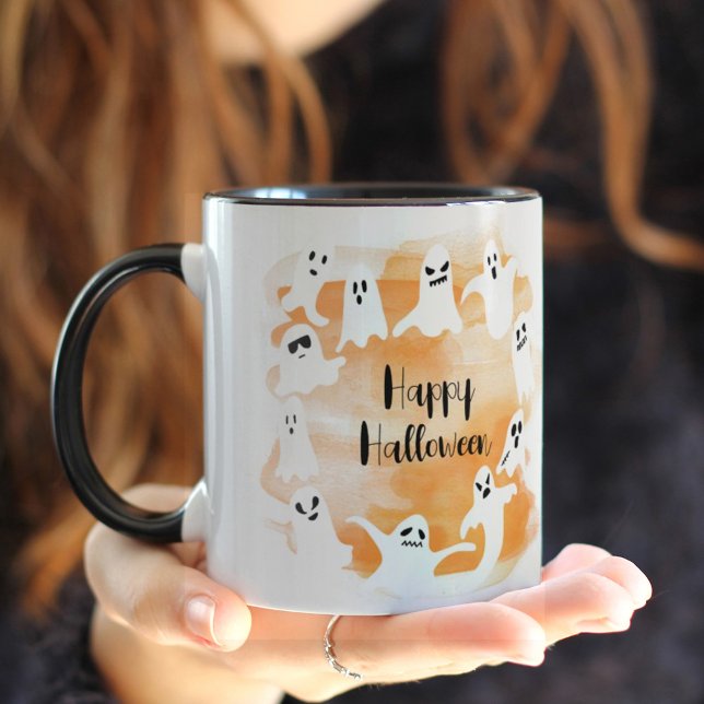 Spooky ghost Happy Halloween orange watercolor Mug (Creator Uploaded)