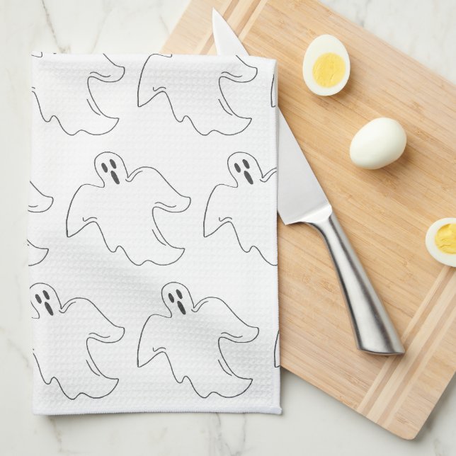Spooky Ghost Haunted House Halloween Print Tea Towel (Quarter Fold)