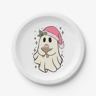 Spooky Ghost Holding a Gingerbread Christmas Paper Plate