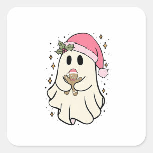 Spooky Ghost Holding a Gingerbread Christmas Square Sticker