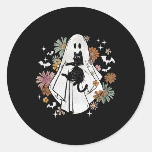 Spooky Ghost Holding Black Cat Groovy Floral Hallo Classic Round Sticker