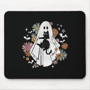 Spooky Ghost Holding Black Cat Groovy Floral Hallo Mouse Mat