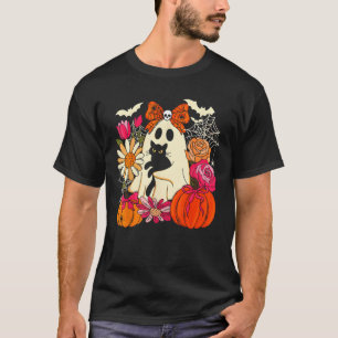 Spooky Ghost Holding Black Cat Groovy Floral Hallo T-Shirt