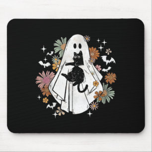 Spooky Ghost Holding Black Cat Groovy Floral Mouse Mat