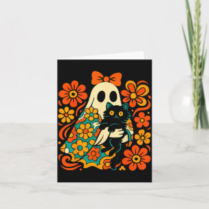 Spooky Ghost Holding Black Cat Groovy Floral Retro Card