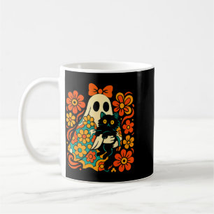 Spooky Ghost Holding Black Cat Groovy Floral Retro Coffee Mug