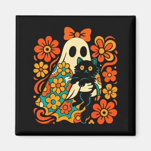 Spooky Ghost Holding Black Cat Groovy Floral Retro Magnet