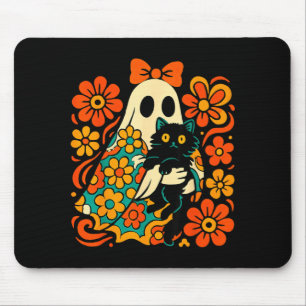 Spooky Ghost Holding Black Cat Groovy Floral Retro Mouse Mat