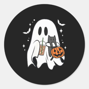 Spooky Ghost Holding Black Cat Halloween Ice Classic Round Sticker