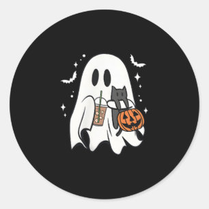Spooky Ghost Holding Black Cat Halloween Ice Coffe Classic Round Sticker