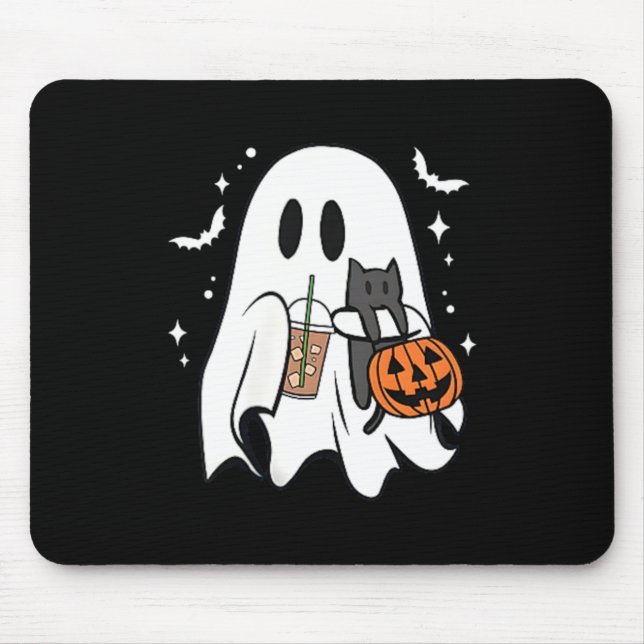 Spooky Ghost Holding Black Cat Halloween Ice Mouse Mat (Front)