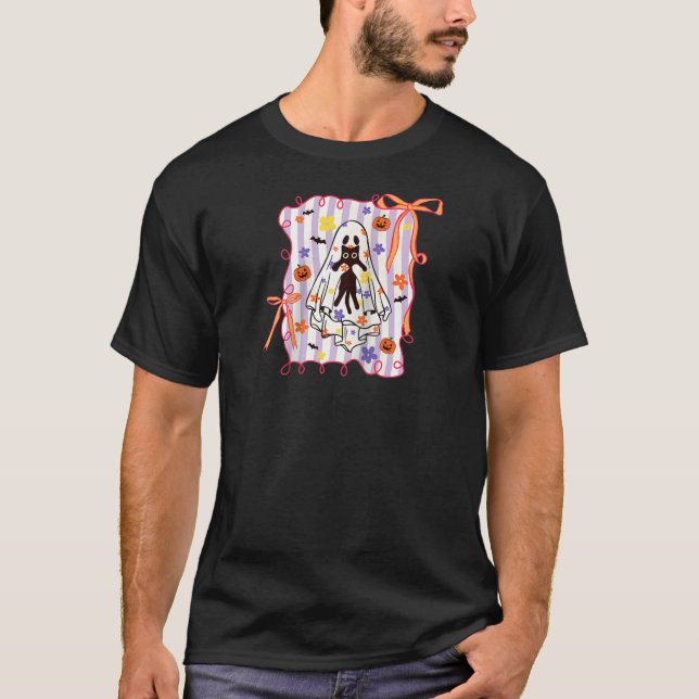 Spooky Ghost Holding Cat Coquette Floral Pumpkin H T-Shirt (Front)