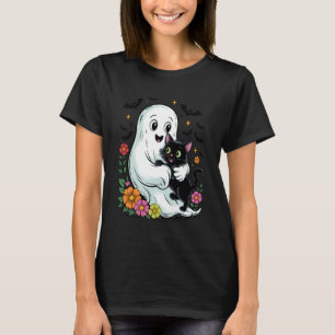 Spooky Ghost Holding Funny Black Cat Halloween Gro T-Shirt