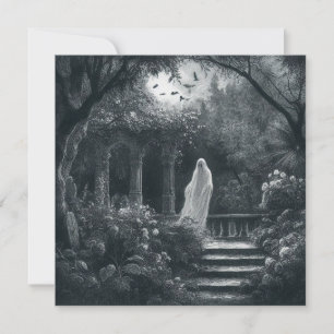 Spooky Ghost in Garden Graveyard Vintage Goth Card