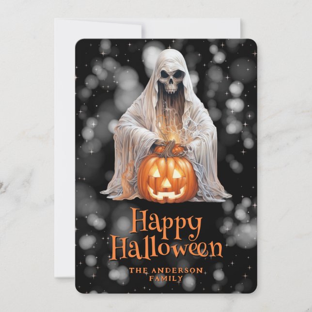 Spooky Ghost Jack O'Lantern Starry Night Halloween Holiday Card (Front)
