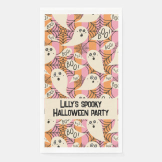 Spooky ghost kids with boo on pink orange stripes napkin