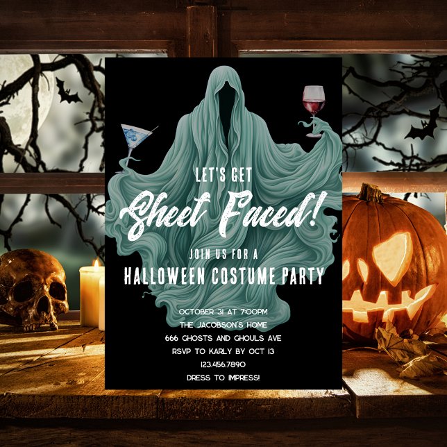Spooky Ghost Let's Get Sheet Faced Halloween Party Invitation (Creator Uploaded)