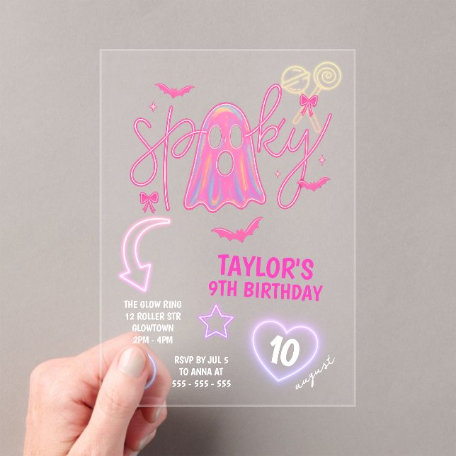 Spooky Ghost Neon Pink Halloween Birthday Acrylic Invitations (Insitu (Handheld))