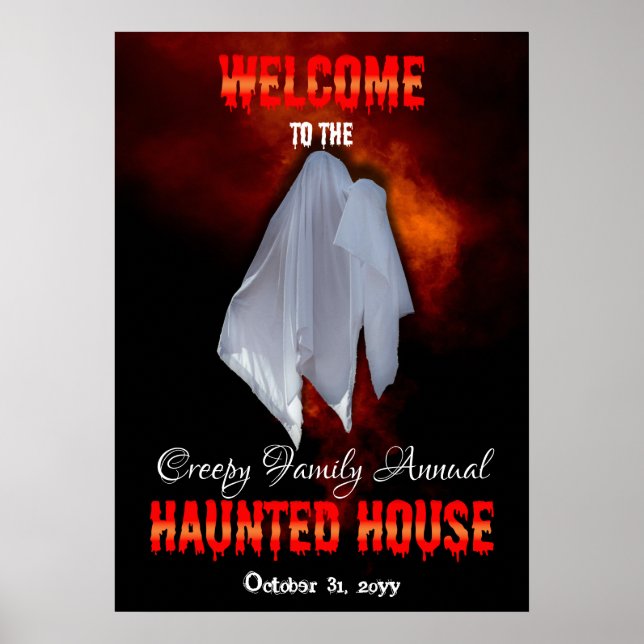 Spooky Ghost on Fiery Sky Haunted House Welcome Po Poster (Front)
