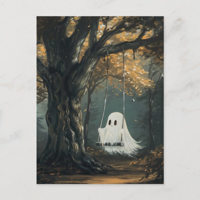 Spooky Ghost on Swing Autumn Halloween Postcard (Front)
