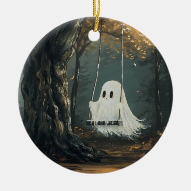 Spooky Ghost on Swing Halloween Autumn Forest Ceramic Tree Decoration (Front)