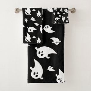 Spooky Ghost Pattern On Black Cute Halloween Bath Towel Set