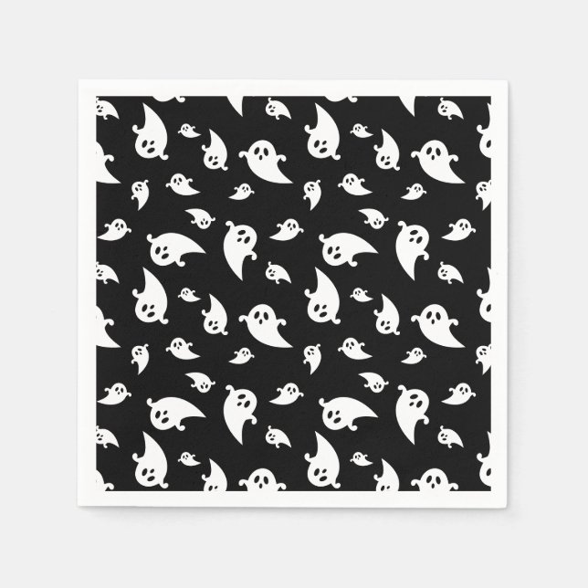 Spooky Ghost Pattern On Black Decorative Halloween Napkin (Front)