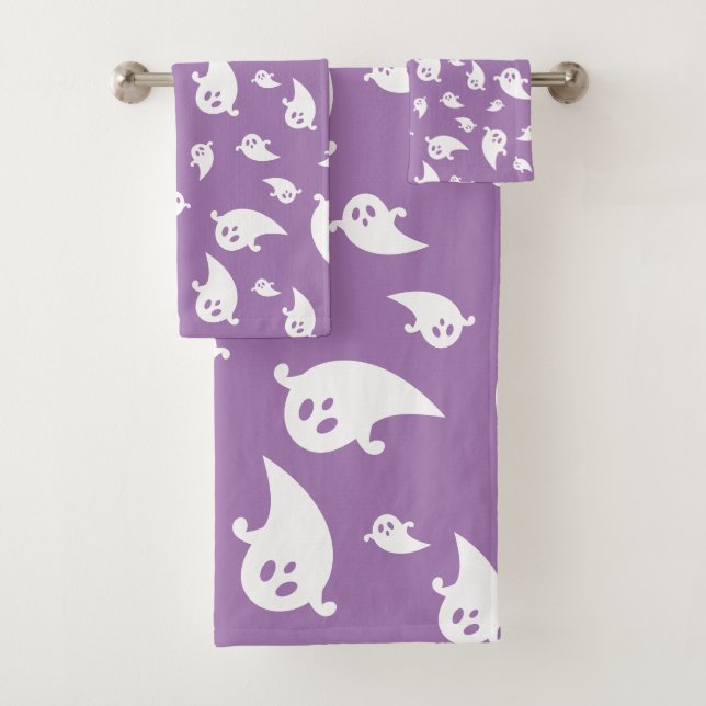 Spooky Ghost Pattern On Purple Cute Halloween Bath Towel Set (Insitu)