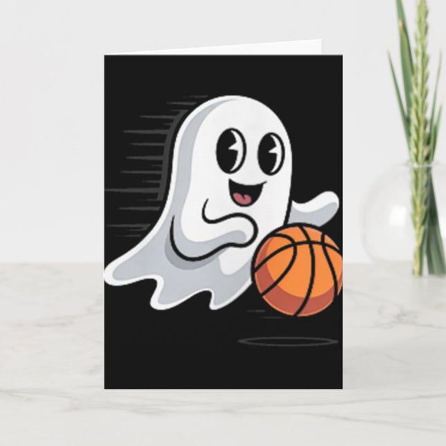 Spooky Ghost Playing Basketball Retro Halloween Co Card (Front)