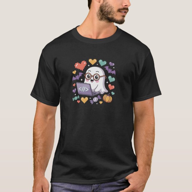 Spooky Ghost Programmer Design With Coding Laptop  T-Shirt (Front)