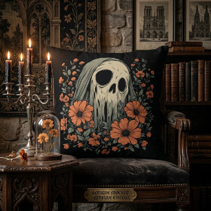 Spooky Ghost Skull with Orange Flowers Cushion
